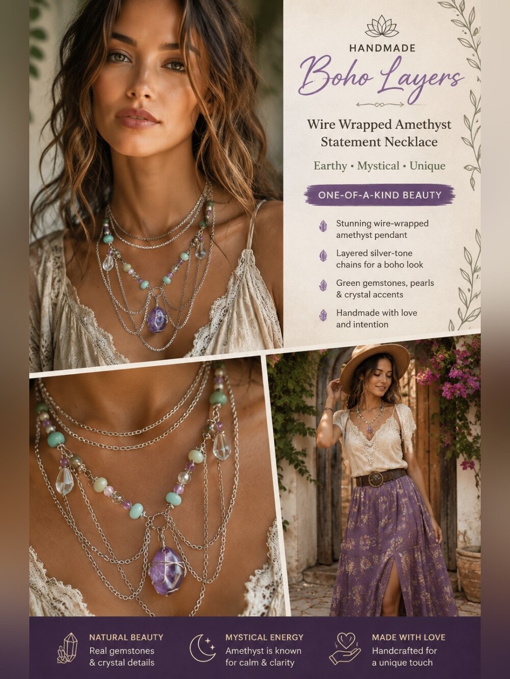Handmade Wire Wrapped Amethyst Necklace * Boho Layered Statement Necklace*